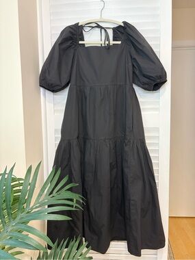 Moodie Cotton Black Tiered Puff Sleeve Midi Dress with Fun Back Ties Size XS